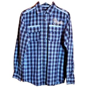 MODERN CULTURE  M GRAFFITI BLACK & BLUE LONG SLEEVE BUTTON UP